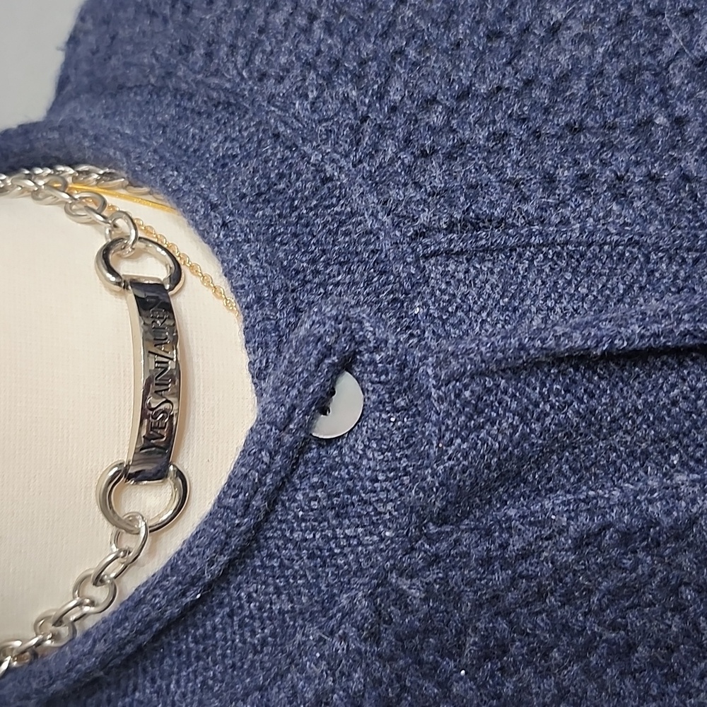 TSE $599 Navy Cashmere Cardigan Abalone Shell Buttons Cable Knit Crop Sz. M EUC - Picture 8 of 13